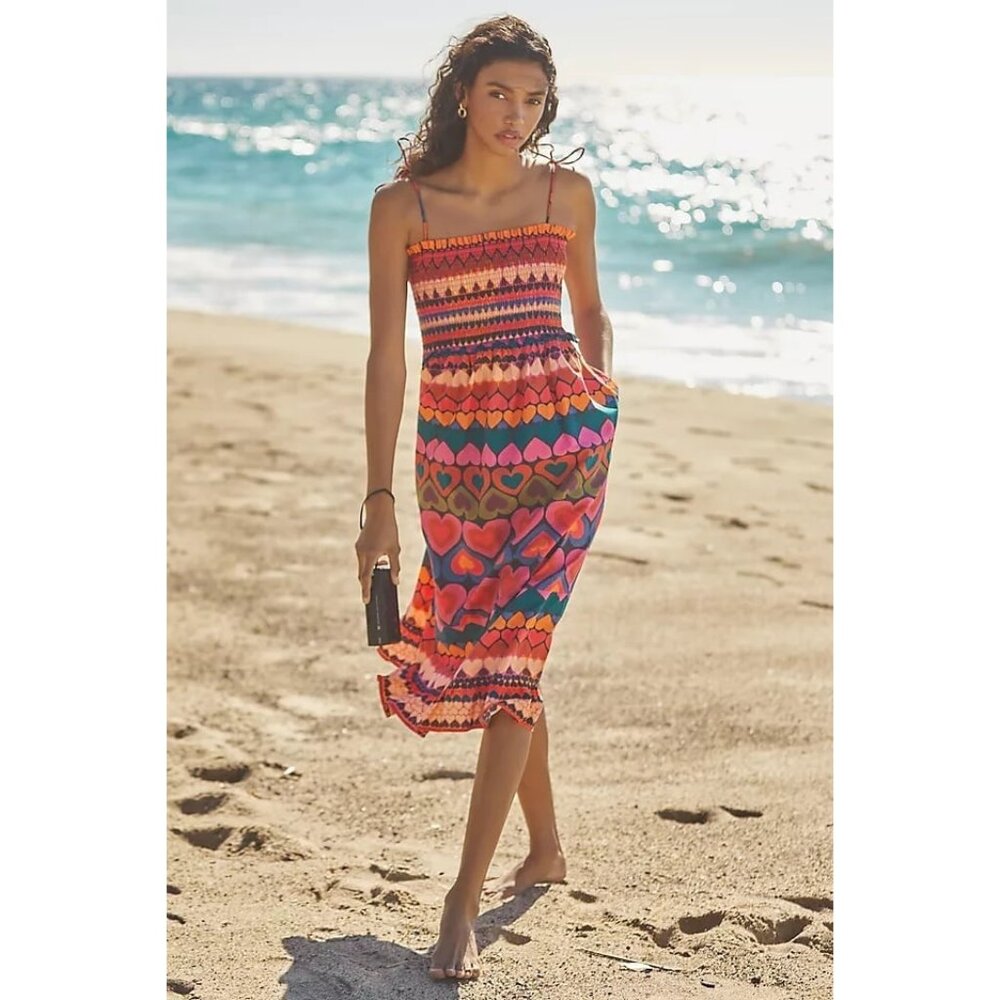 New NWT Farm Rio Anthropologie Beaded Heart Smocked Cover-Up Dress Size‎ Small